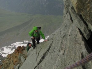 Madeleine climbing the crux